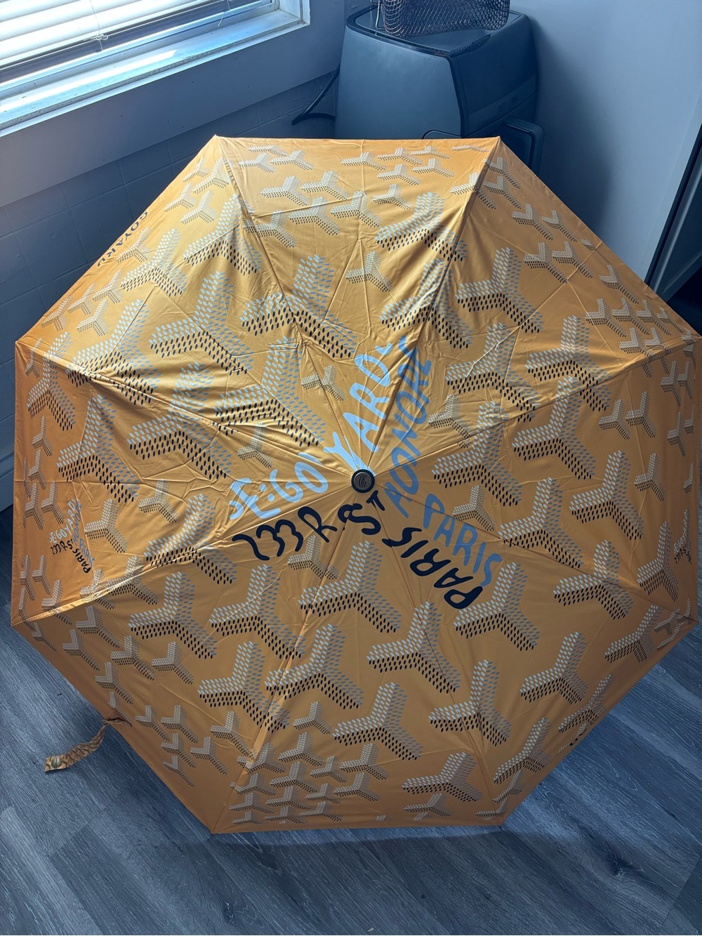 Yellow & White Goyard Chevron Folding Umbrella with Blue Stencil